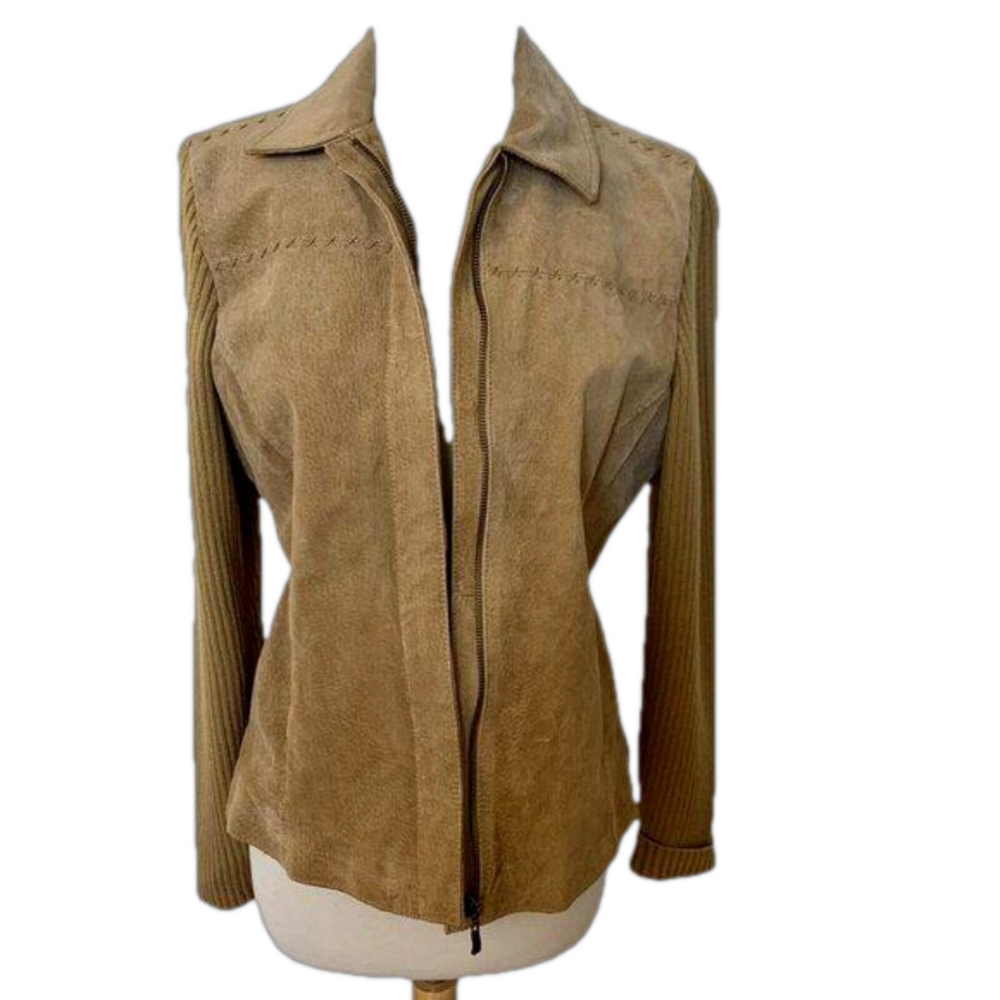 Live a Little Womens leather jacket SZ M with sweater sleeves Zip close Pockets